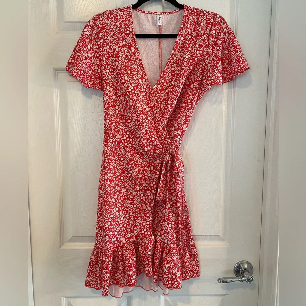 Naggoo Red Ditsy Floral Wrap Ruffle sundress size small - Picture 2 of 14